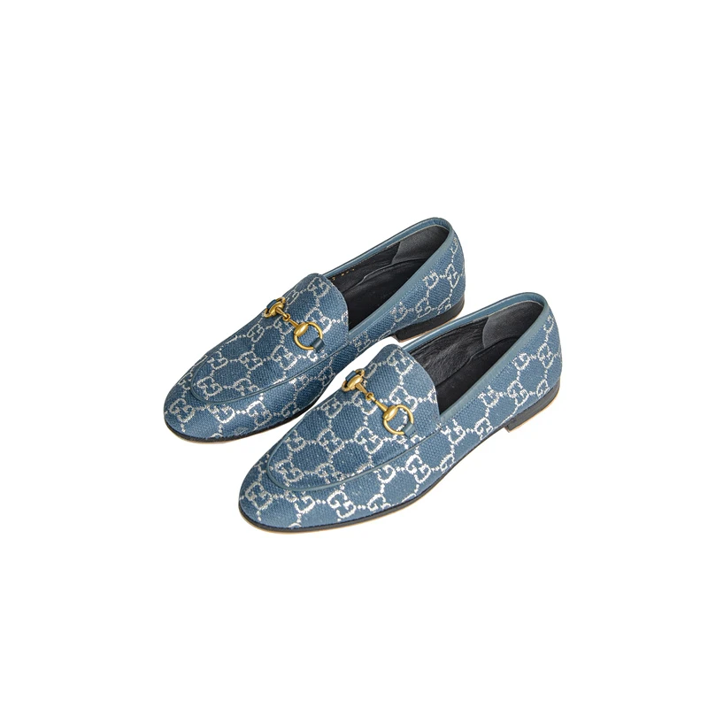 99新 GUCCI/古驰 满印牛仔面平底鞋深蓝色女士印花 36.5码 G0302