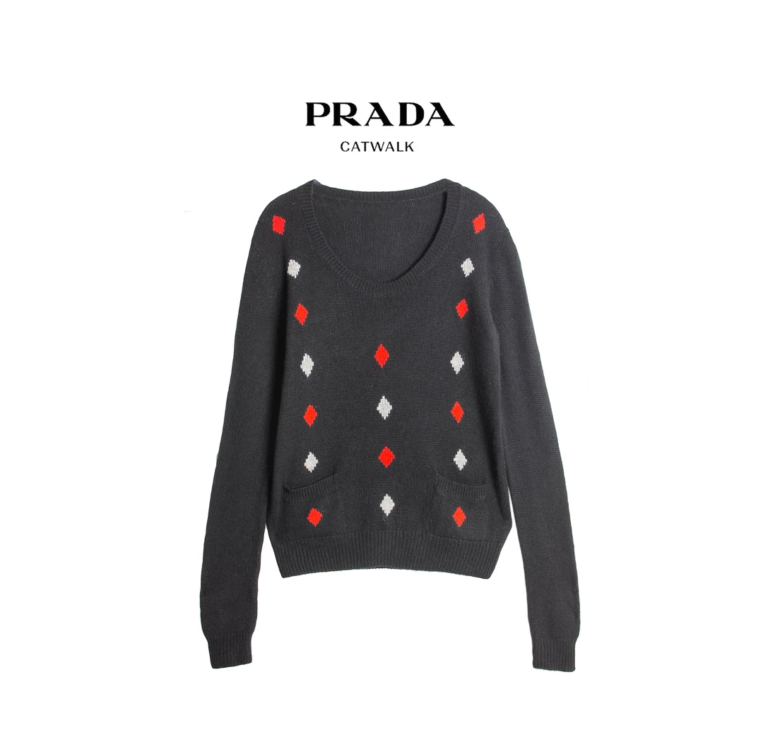 95新 Prada/普拉达 长袖黑色百搭套头提花针织毛衣 P2701 无领标/