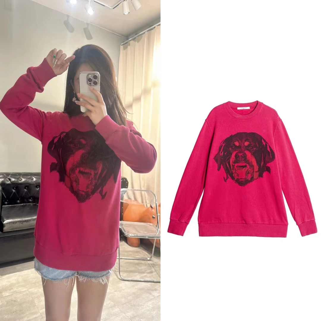 99新 Givenchy/纪梵希 休闲粉色狗头印花长袖圆领卫衣 36码 G1410