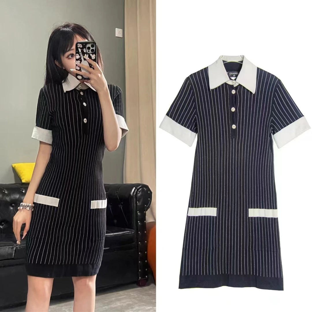 99新 Chanel/香奈儿 气质时尚翻领修身针织短袖条纹36码0807