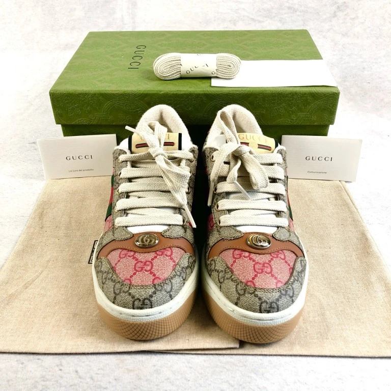 全新未使用 GUCCI/古驰 满印帆布低帮系带时尚板鞋乌米色36码0205