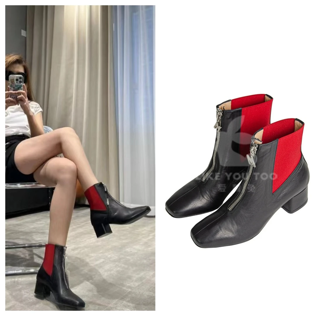 未使用 MSGM 真皮方头方跟黑红色拼接粗跟短靴 36码/37码 M3107