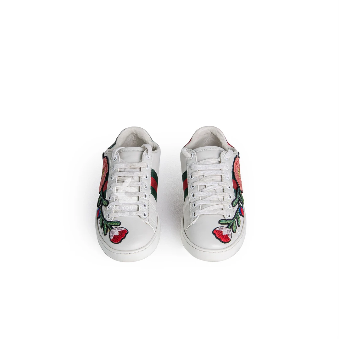 95新 GUCCI/古驰 女士经典低帮时尚印花复古白色板鞋白红35码1202