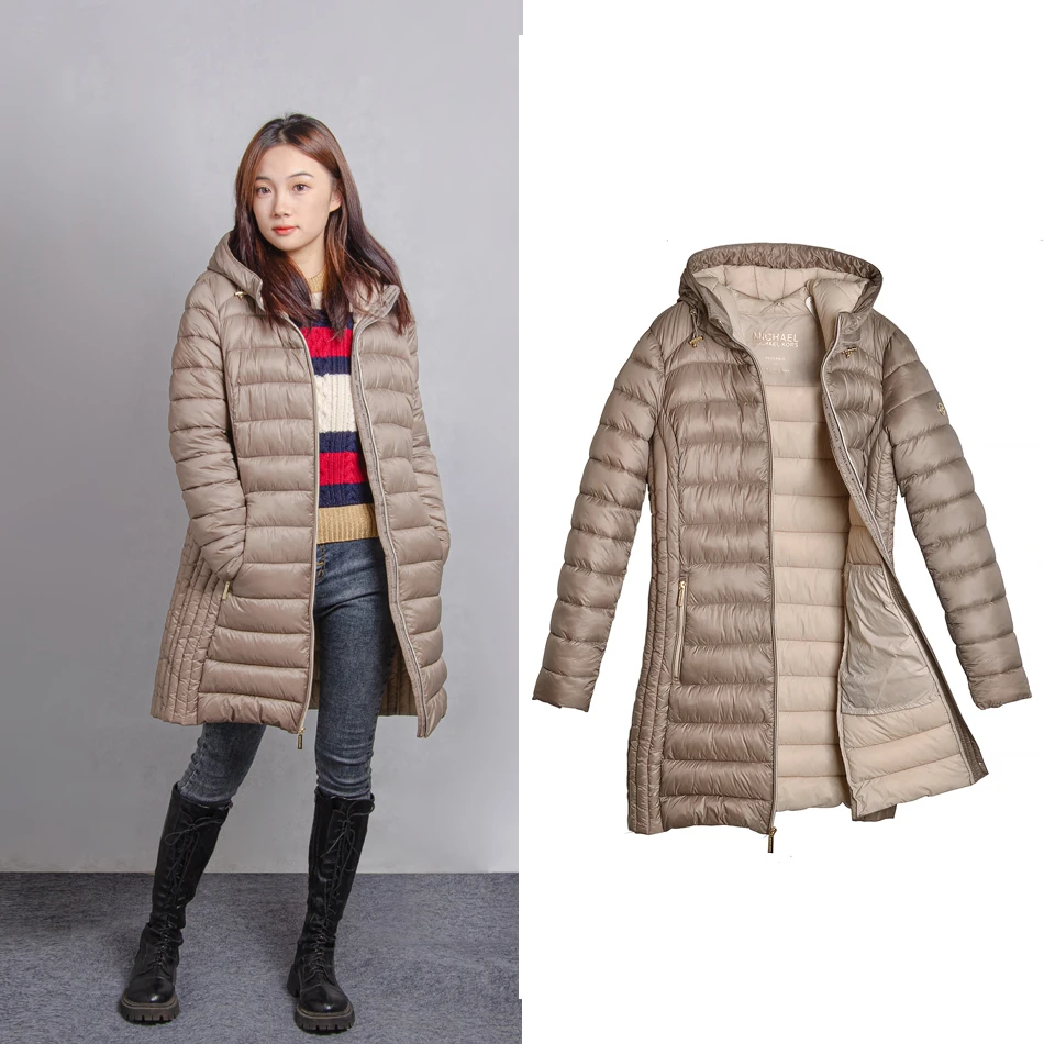 99新 MICHAELKORS/迈克高仕 MK女款修身卡其色中长款连帽棉服1507