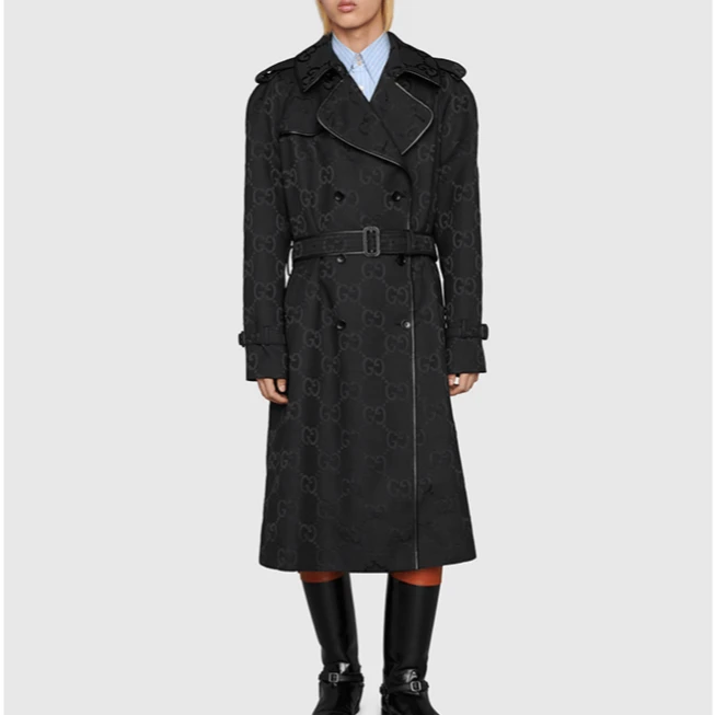 99新 GUCCI/古驰 双G满印图案时尚黑色大衣中长款 G2106