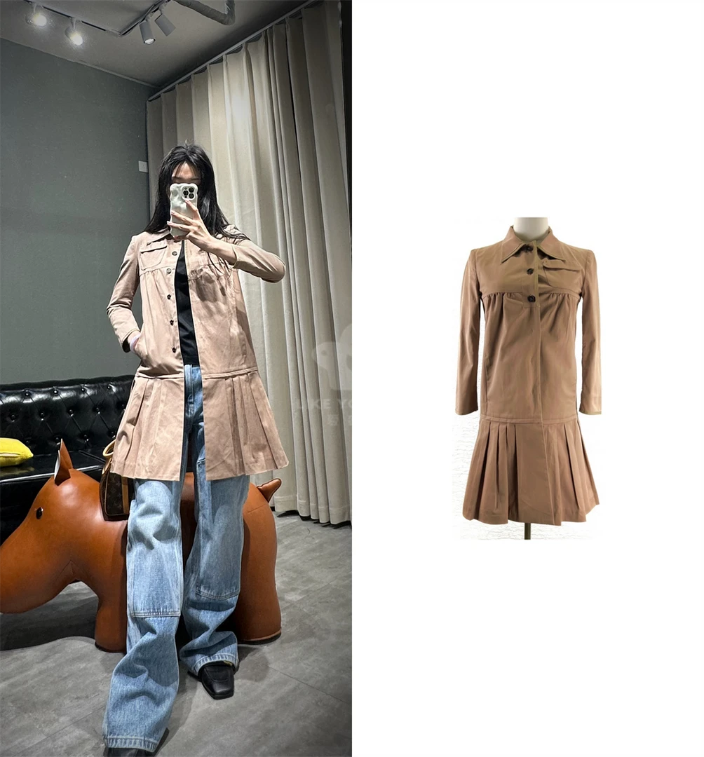 95新 MIU MIU/缪缪 风衣外套卡其色百褶中长款休闲尺码36 M2714