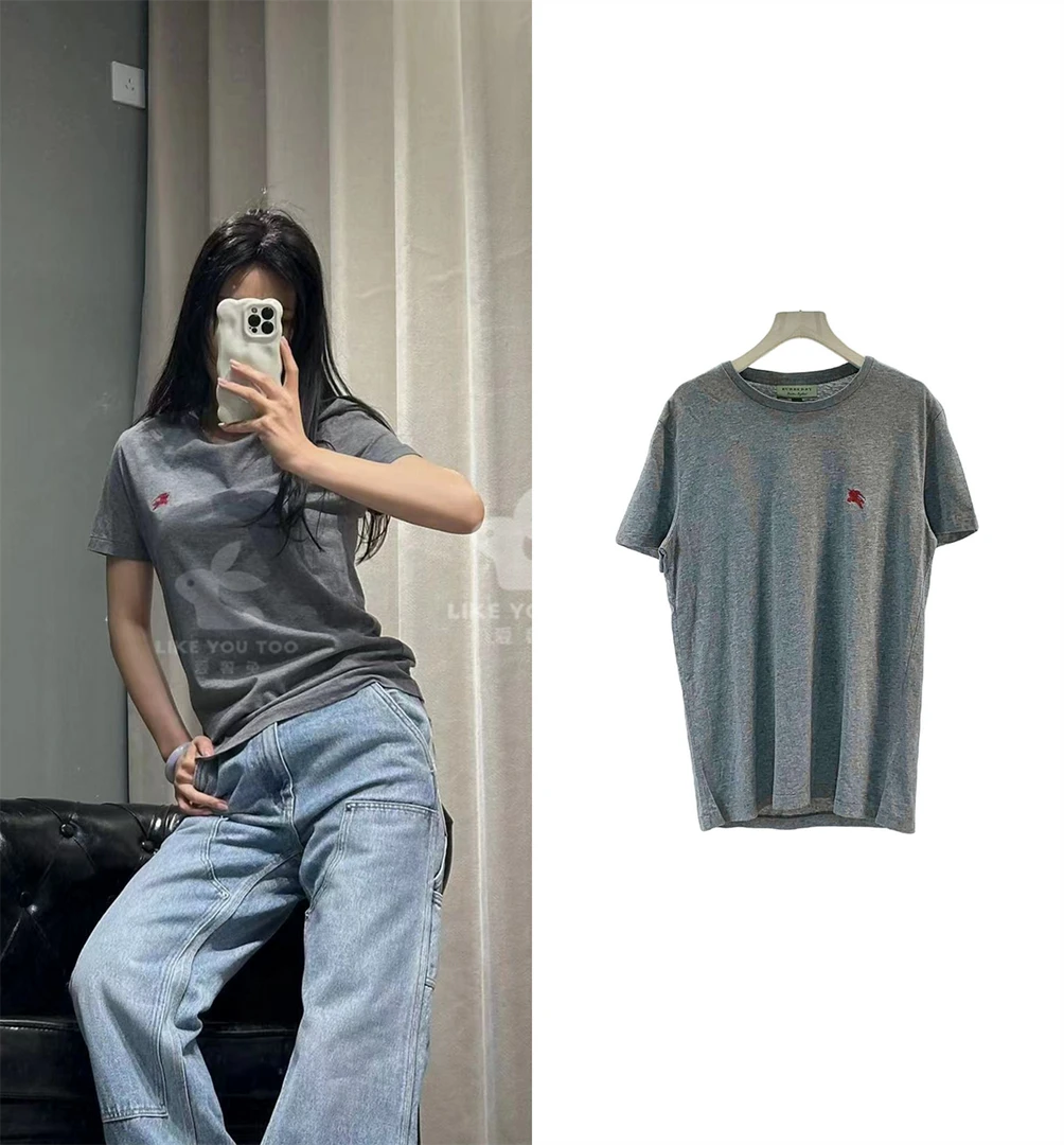 95新 BURBERRY/博柏利 巴宝莉休闲灰色刺绣宽松T恤 尺码s-l 2413