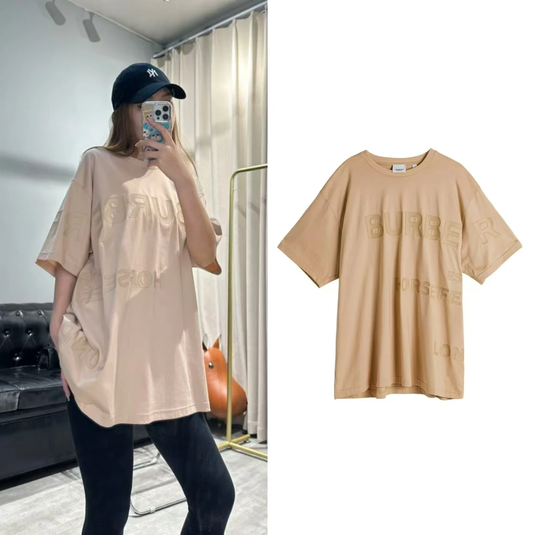 99新 BURBERRY/博柏利 土橘色百搭短袖尺码M纯棉时尚弹幕T恤 0308