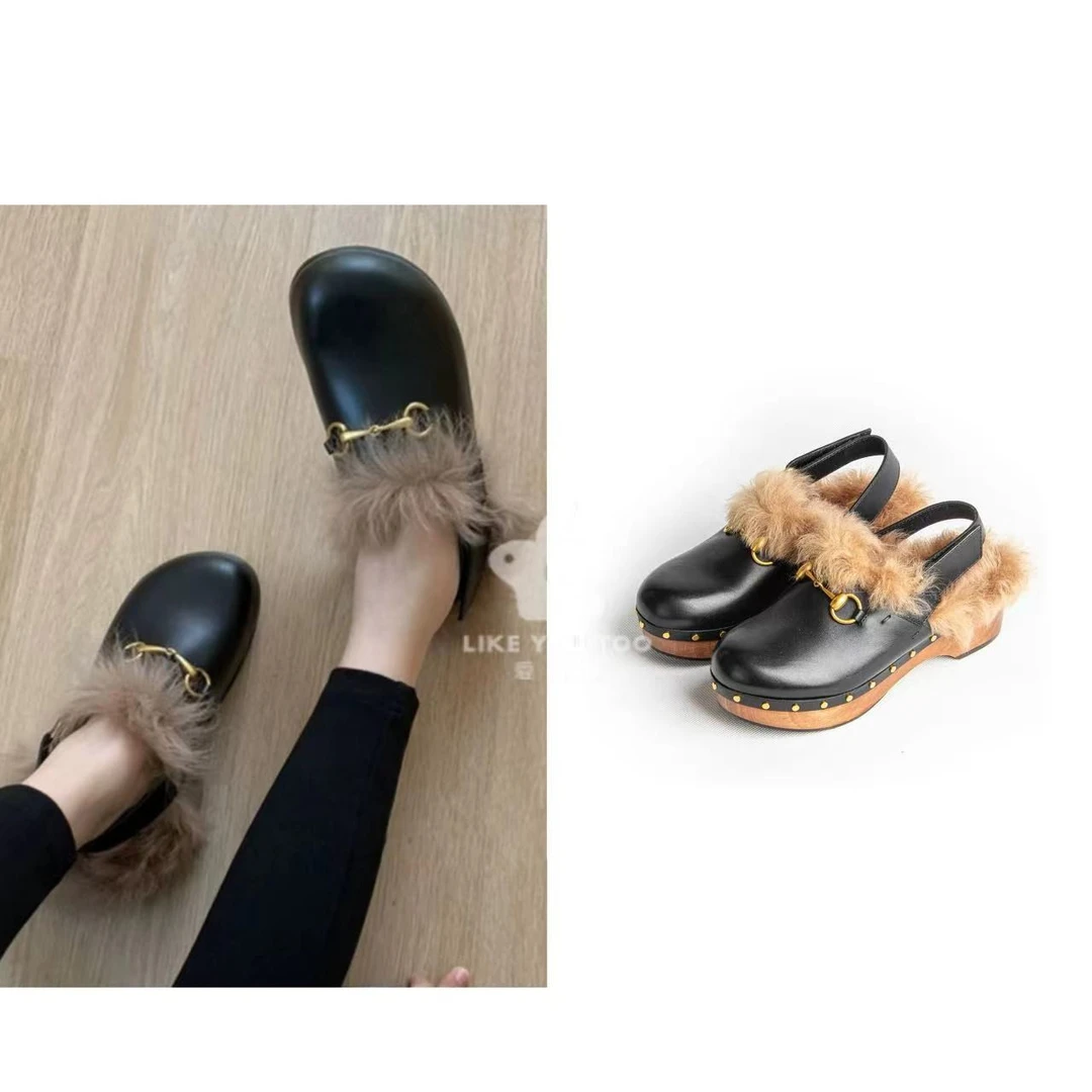 99新 GUCCI/古驰 黑色木底时尚毛毛马蹄扣秋冬皮鞋尺码37 2542