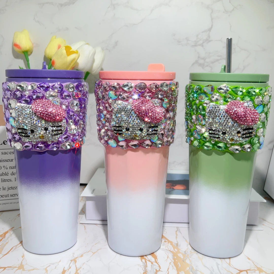 镶钻高档新款700ml 大容量便携渐变自动弹跳真空吸管高颜值保温杯