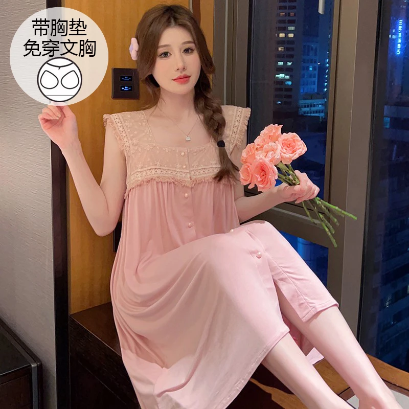 睡裙女夏季女款爆款2025新款莫代尔带胸垫大码可外穿睡衣女家居服