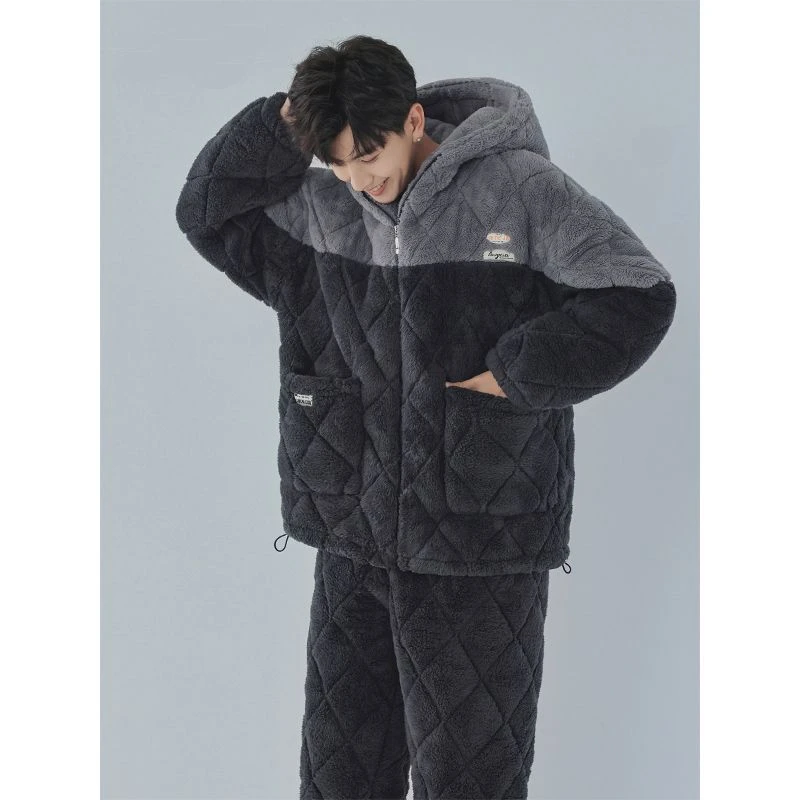 睡衣男冬季加绒加厚珊瑚绒三层夹棉冬天棉袄超厚加肥加大新款套装