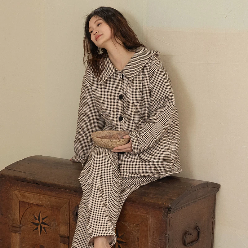 睡衣女冬季加厚加绒秋冬纯棉三层夹棉冬天棉袄宽松保暖大码可外穿