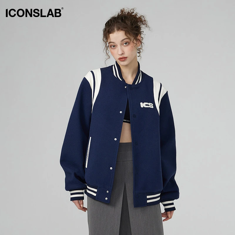 【孔雪儿同款】ICONSLAB美式复古撞色拼接国潮棒球服高街夹克外套