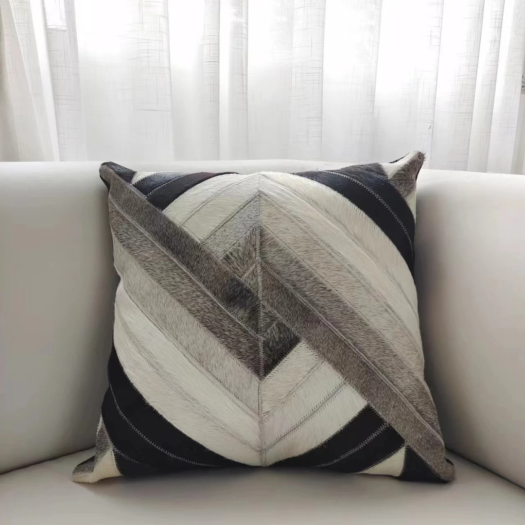 毯涂家居&牛皮拼接抱枕高端松弛感沙发靠枕卧室办公抱枕（单面皮）