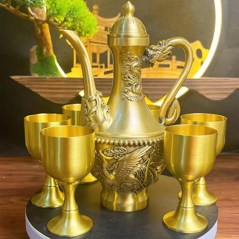 黄铜复古高档创意家用中式龙凤百福高脚酒酒壶酒杯摆件