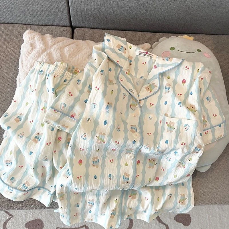 【云朵绵】大码睡衣女长袖卡通小熊春夏季短袖草莓三件套家居服1306