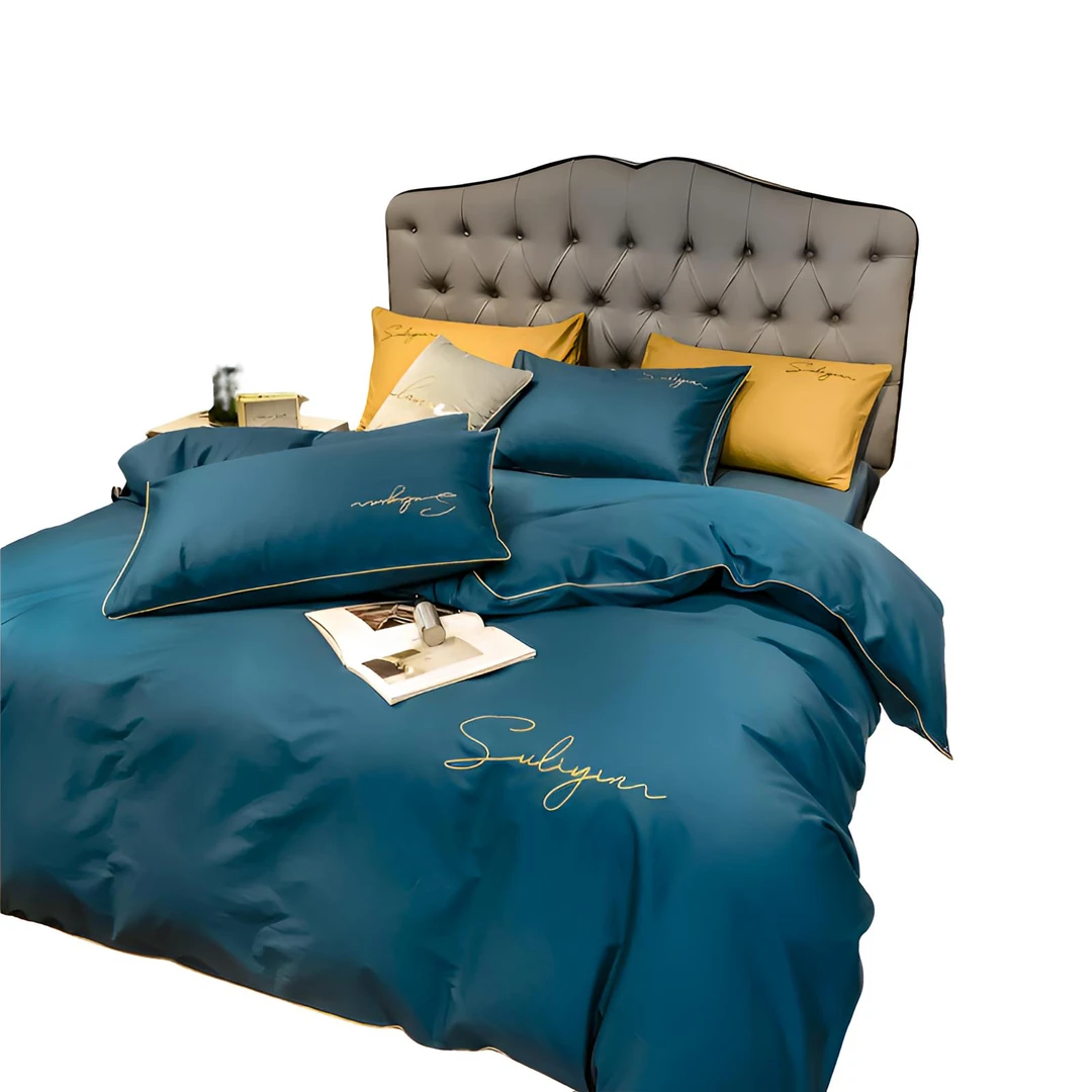 全棉简约刺绣款床笠床单被罩床上舒适柔软纯色长绒棉纯棉四件套