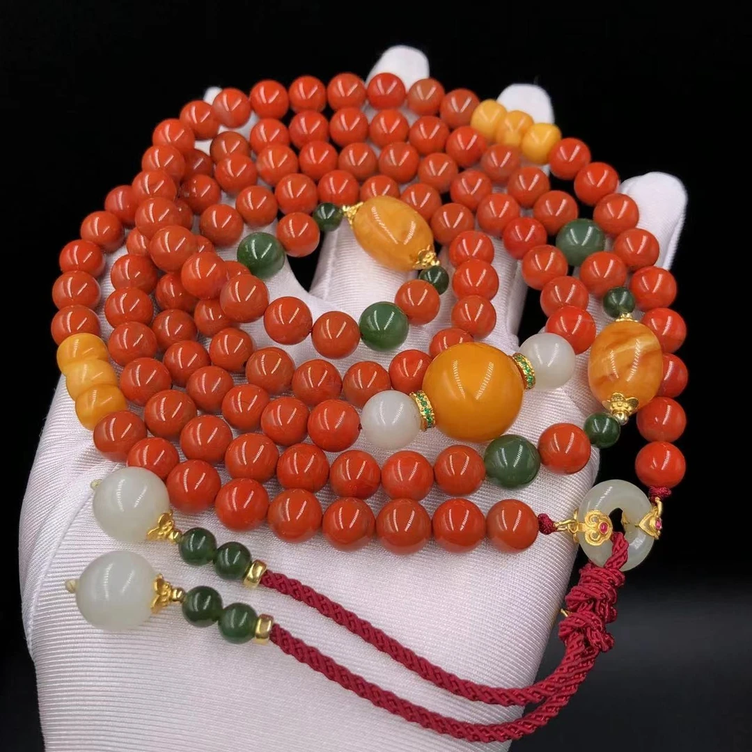 【亿轩珠宝】南红火焰纹108毛衣链diy花蜡和田玉8-12-17+ZX036704