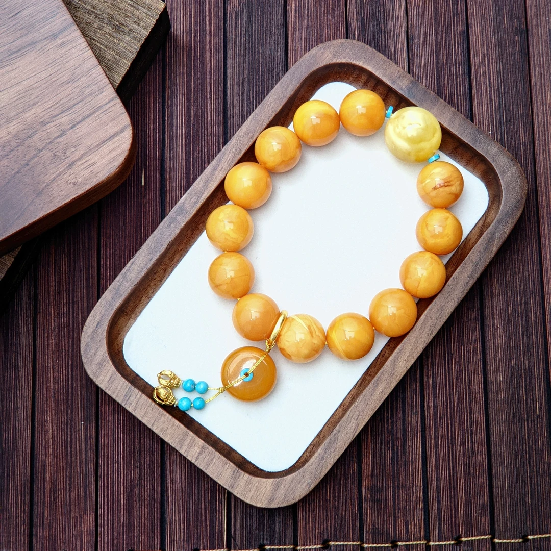 【亿轩珠宝】ZX079410花蜡圆珠单圈手串diy金白圆珠&绿松15-18mm+