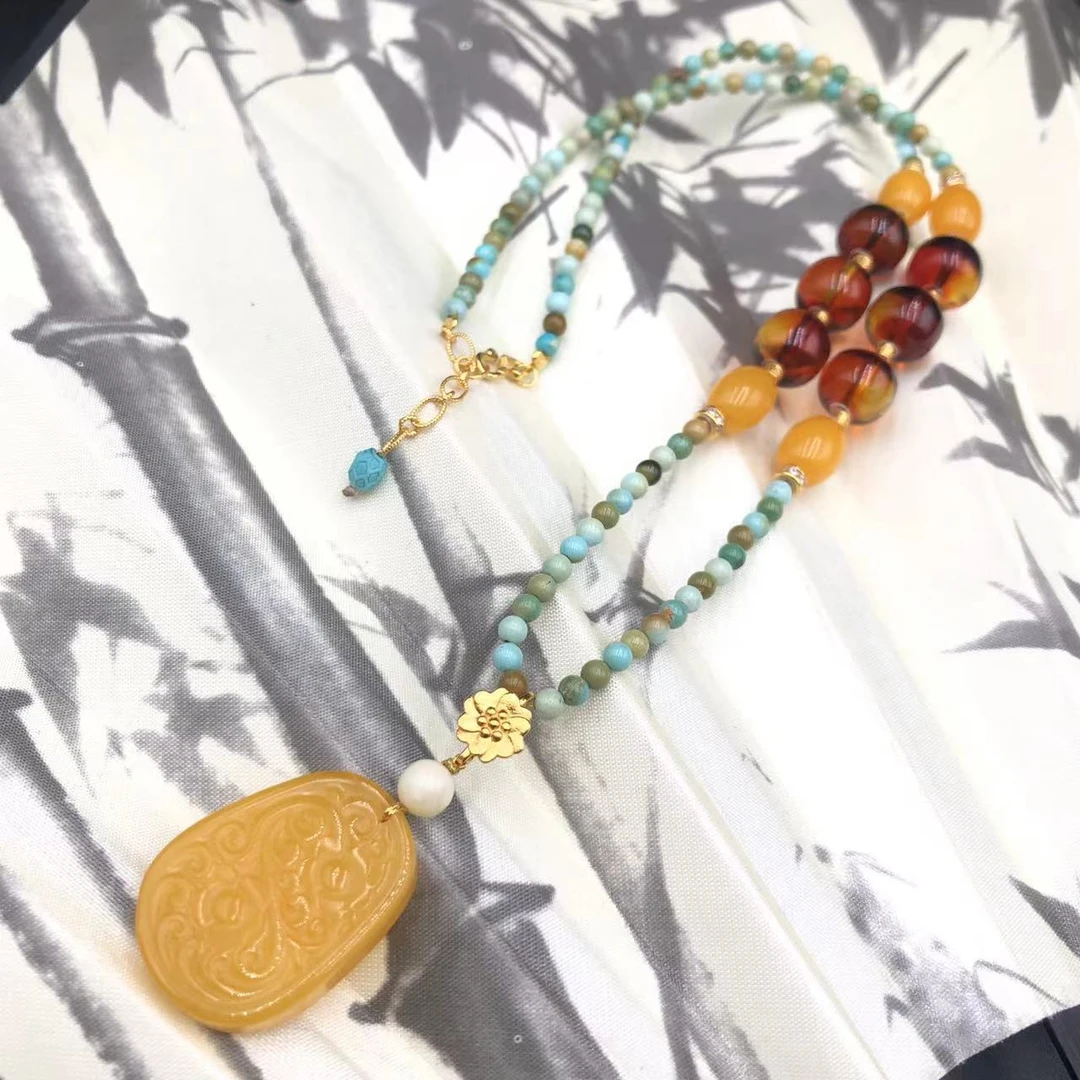 【亿轩珠宝】ZX056206绿松红蓝珀公主链diy蜜蜡吊坠3-10mm+……