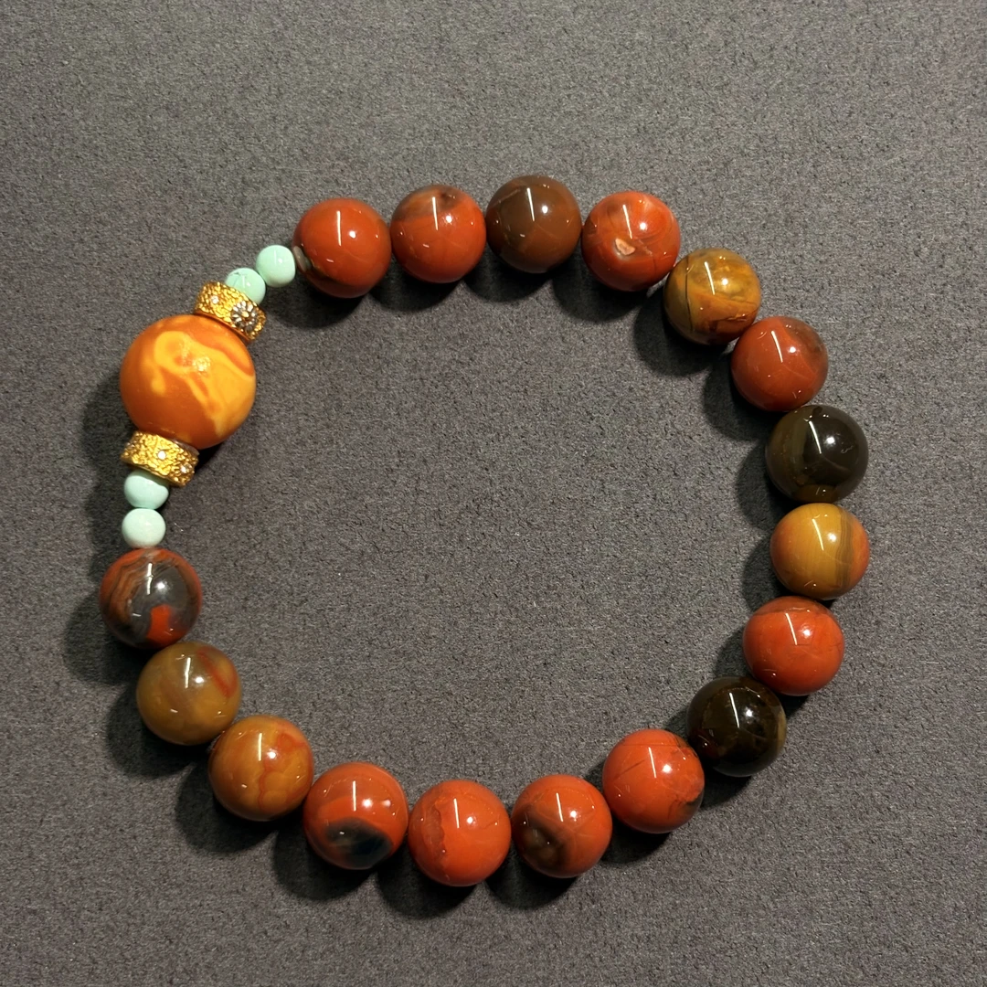 【亿轩珠宝】ZX103311包浆南红亮面单圈手串diy花蜡&绿松9-12mm+