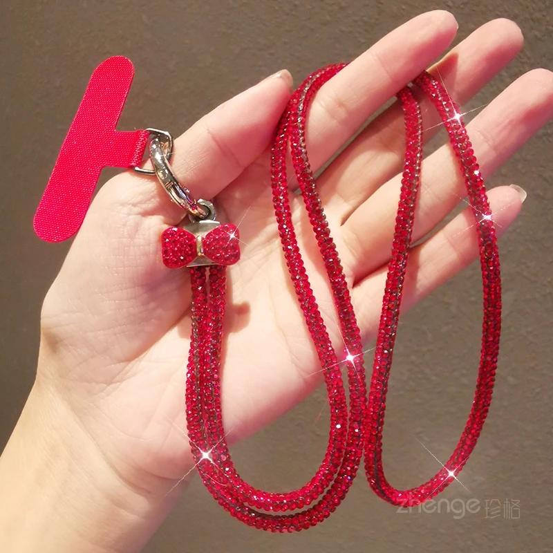 红色蝴蝶结满钻手机挂绳女款ins轻奢小香风短款手提手腕绳手链