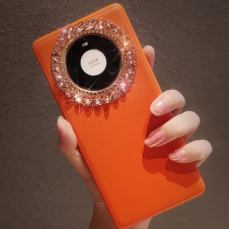 适用华为mate40pro手机壳新款丹霞橙mate40E带钻水晶素皮保护套女