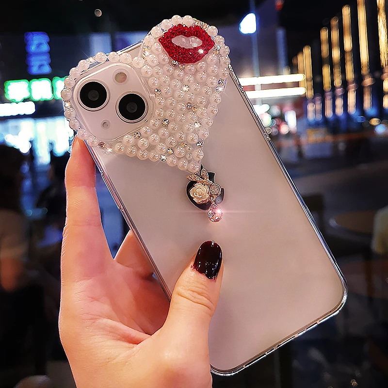 适用苹果13手机壳女款带钻iPhone12promax高级水钻珍珠吊坠保护套