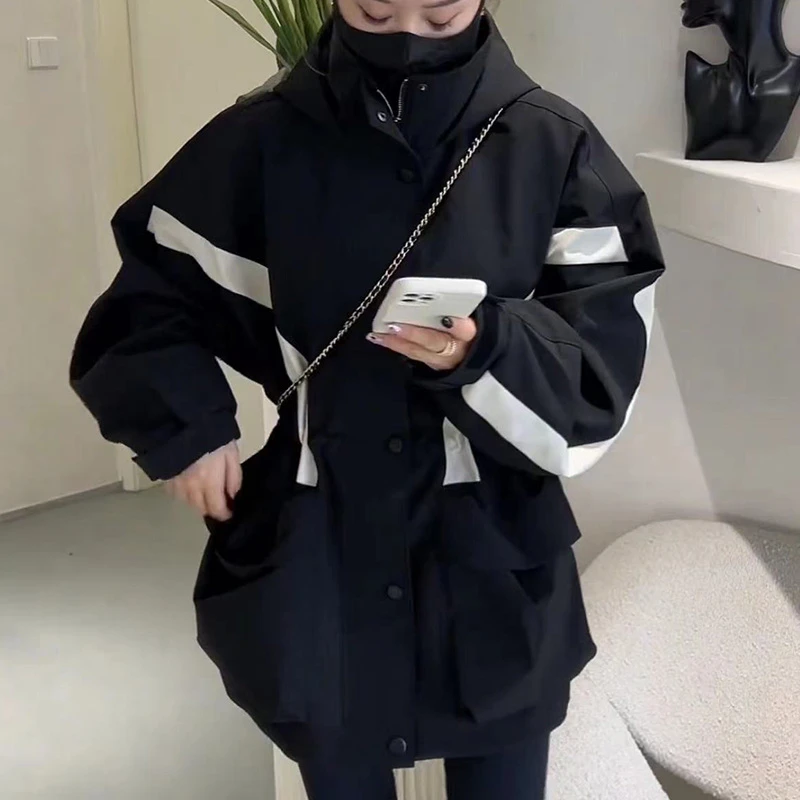 美式连帽加棉冲锋衣外套女2024冬季新款撞色中长款抽绳工装风衣潮