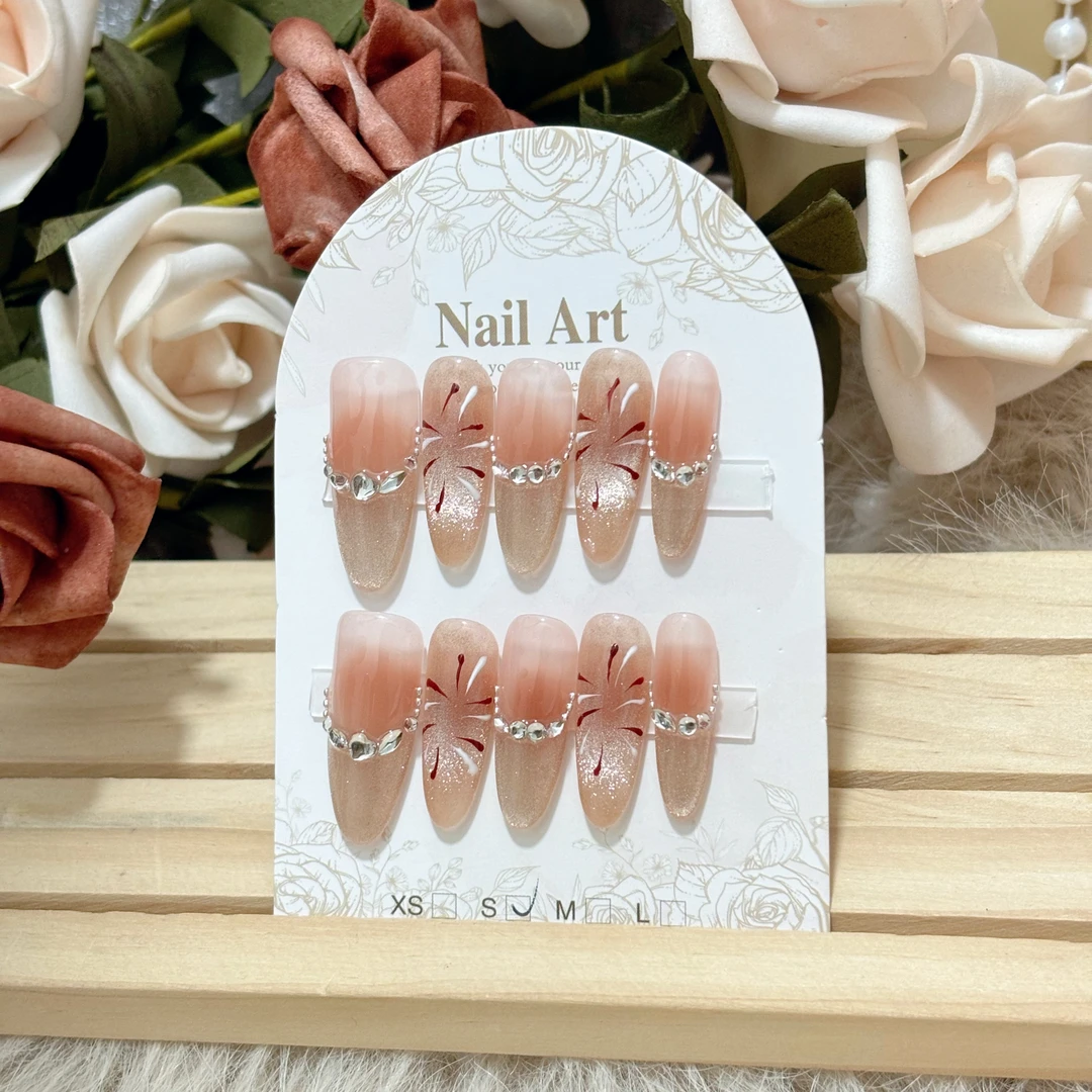 绚烂烟花猫眼爆闪晕染高亮追光纯手工手绘烟花锆石镶钻穿戴甲美甲