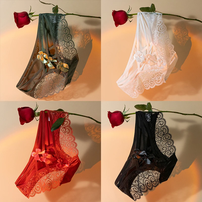 新款网纱时尚火辣蕾丝三角内裤女款法式缎面纯欲低腰无痕镂空短裤