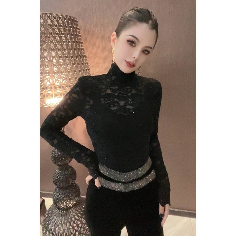 （原创）高领烫钻蕾丝长袖打底衫CS27214