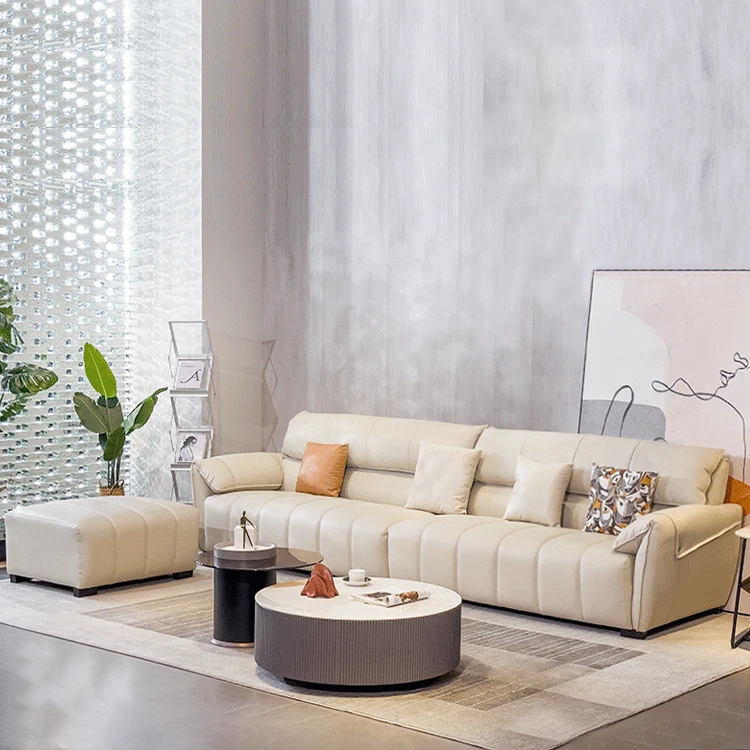 意式真皮沙发钢琴键木质客厅大象耳朵北欧皮艺一字型设计沙发y714