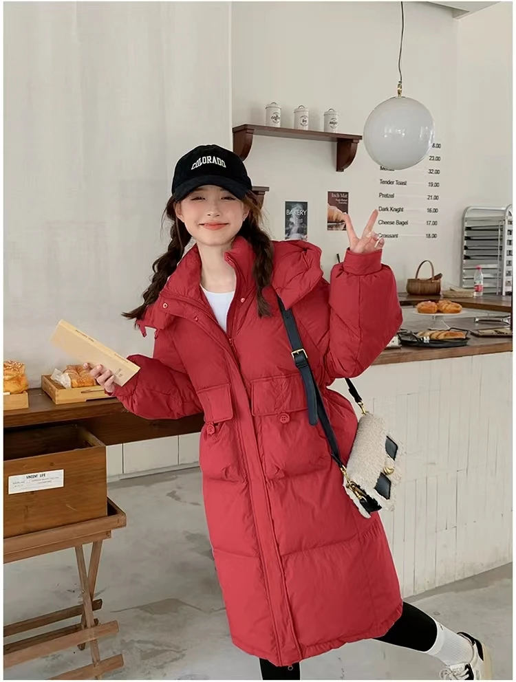 2023冬季新款中长款连帽收腰韩版显瘦鸭绒服