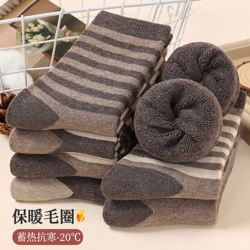 诸暨厚袜子美拉德咖色条纹加绒保暖毛巾袜中筒毛巾袜毛圈加厚冬天
