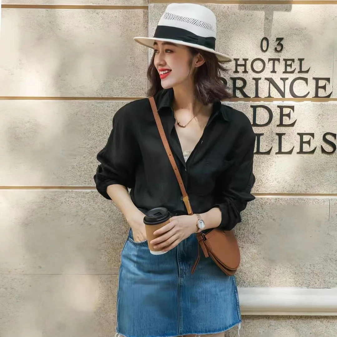 夏季气质薄款防晒衬衣黑色雪纺衬衫女外穿轻薄慵懒小众设计感上衣