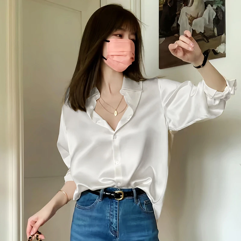 早秋新显瘦长袖ins垂感白衬衫女款外穿宽松百搭气质缎面衬衣小众