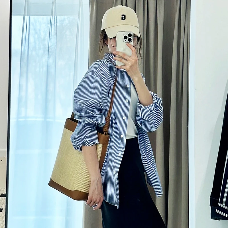 早秋时尚法式轻熟条纹衬衫女款外穿长袖职场高品质显瘦衬衣小个子