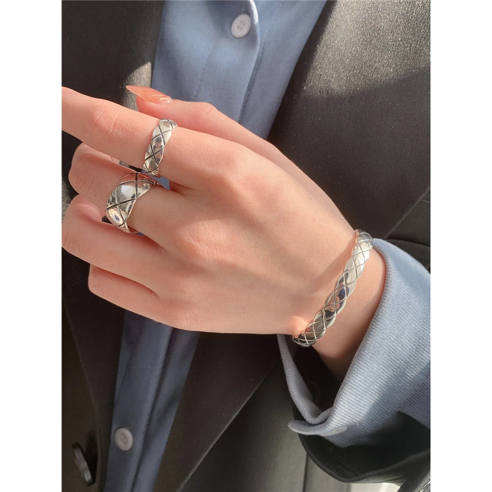 九壹银庄 925银戒指 小香风开口女韩版时尚小众设计菱格网红指环