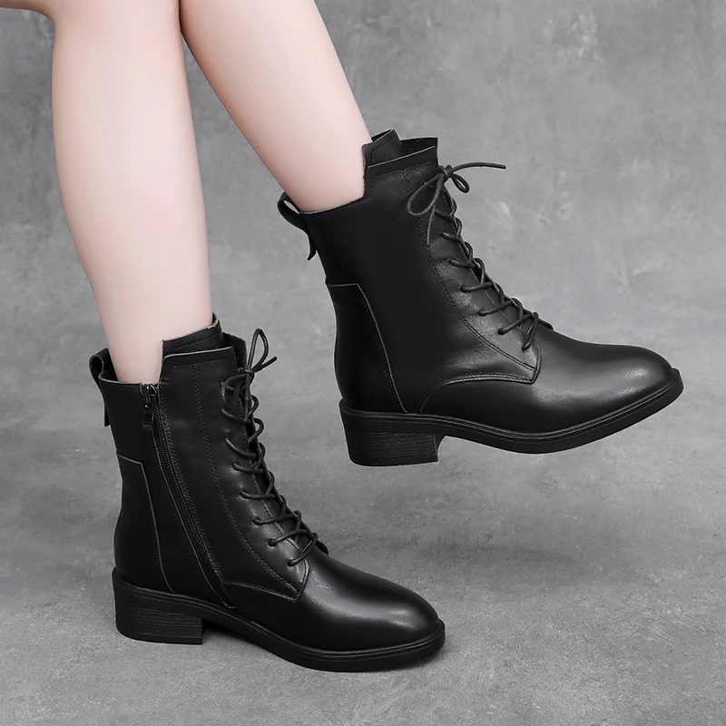 英伦风真皮马丁靴女秋冬季秋加绒鞋女靴子秋冬低跟单靴圆头短靴