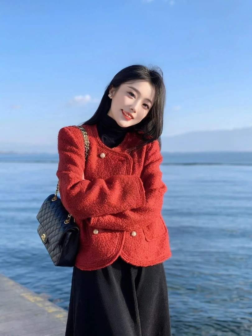 红色羊羔毛外套冬季漂亮加绒加厚高级感精致名媛小香风套装