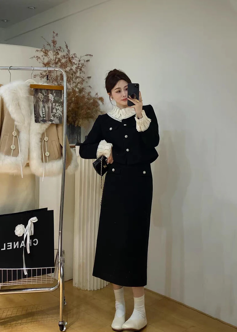 小香风短外套女欧货2023冬季款高级感时尚半身长裙两件套装气质