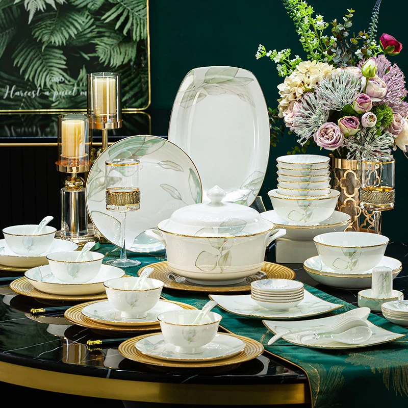 75件套春之意骨瓷餐具套组欧式碗盘描金骨瓷碗碗碟盘吃饭日常家用