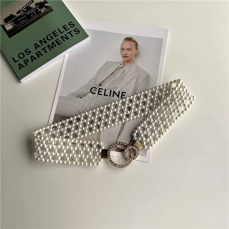 高端新款小香风皮带珍珠弹力百搭时尚气质连衣裙配饰腰封腰带女士