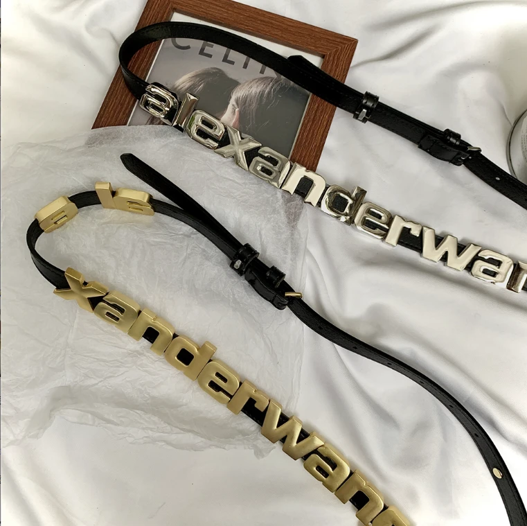 新款aw金属字母牛皮腰带女百搭装饰ins风可配西服西装细皮带腰封