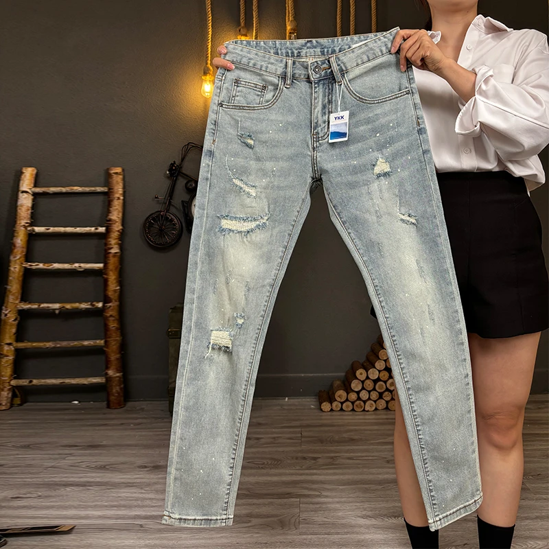 潮掌柜裤子男款时尚潮流牛仔裤复古修身小脚牛仔裤修身刮烂牛仔裤