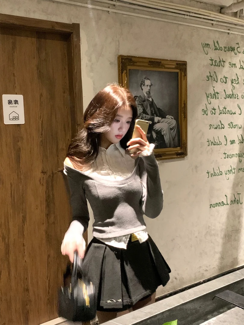 两只水仙 美高转校生 学院风套装假两件挂脖衬衫拼接针织修身长袖