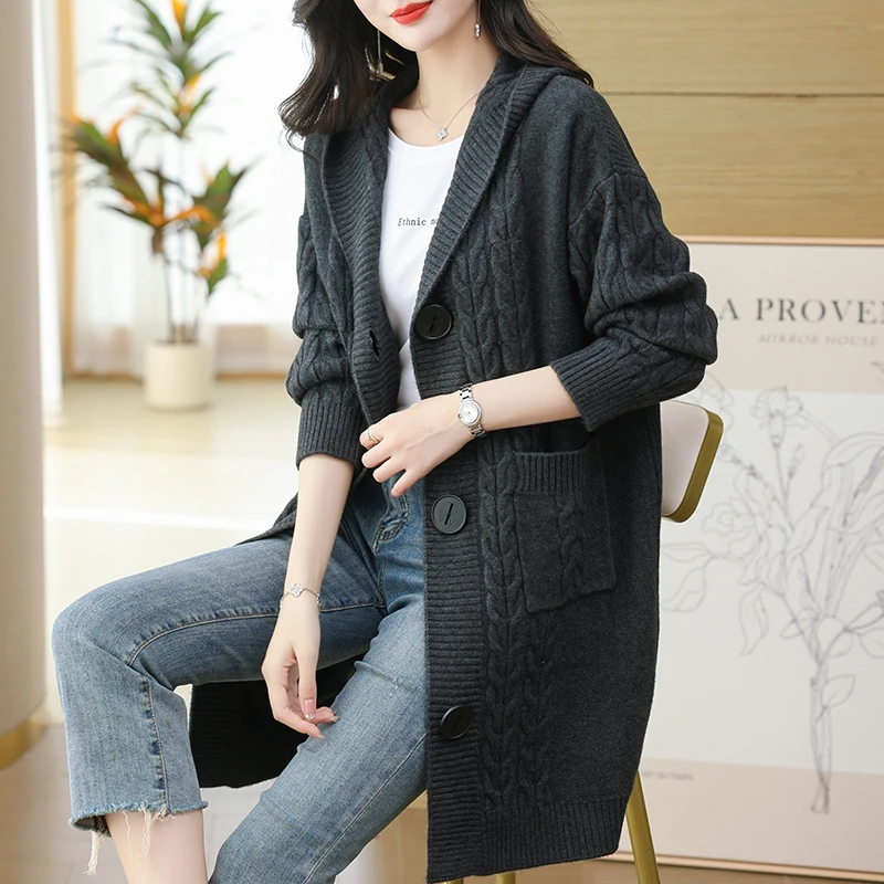 洋气宽松显瘦中长款韩版毛衣外套女秋冬新款胖针织开衫连帽大衣