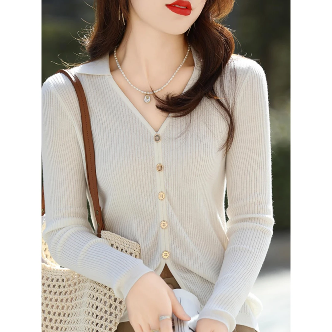 春夏新款蚕丝衫女V领毛衣假开衫上衣纯色套头百搭薄款针织打底衫